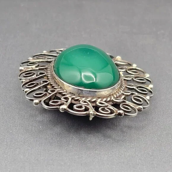 VTG EME 83 Sterling Silver 925 Green Onyx Filigree Brooch Pendant 2" Mexico - Picture 3 of 9